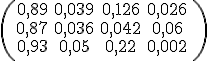 \(\begin{tabular}{cccc}
 \\ 0,89&0,039&0,126&0,026&
 \\ 0,87&0,036&0,042&0,06&
 \\ 0,93&0,05&0,22&0,002\\
 \\ \end{tabular}\)
